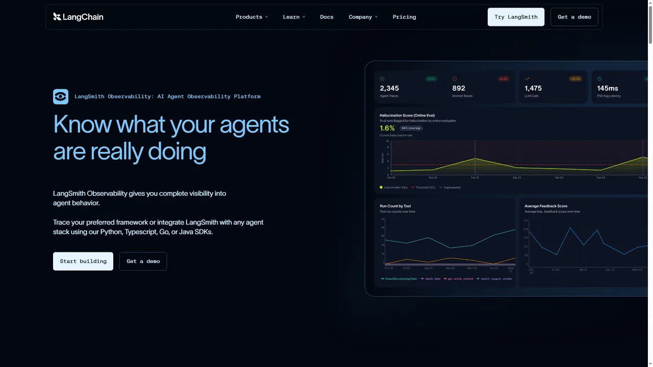 LangSmith - evaluation and observability for chatbots LangSmith observability platform homepage showing an agent monitoring dashboard