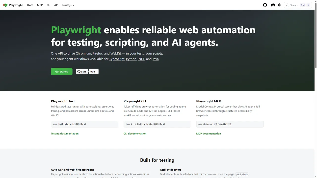 Playwright - streaming-safe web chatbot UI testing Playwright homepage describing reliable web automation for testing and AI agents