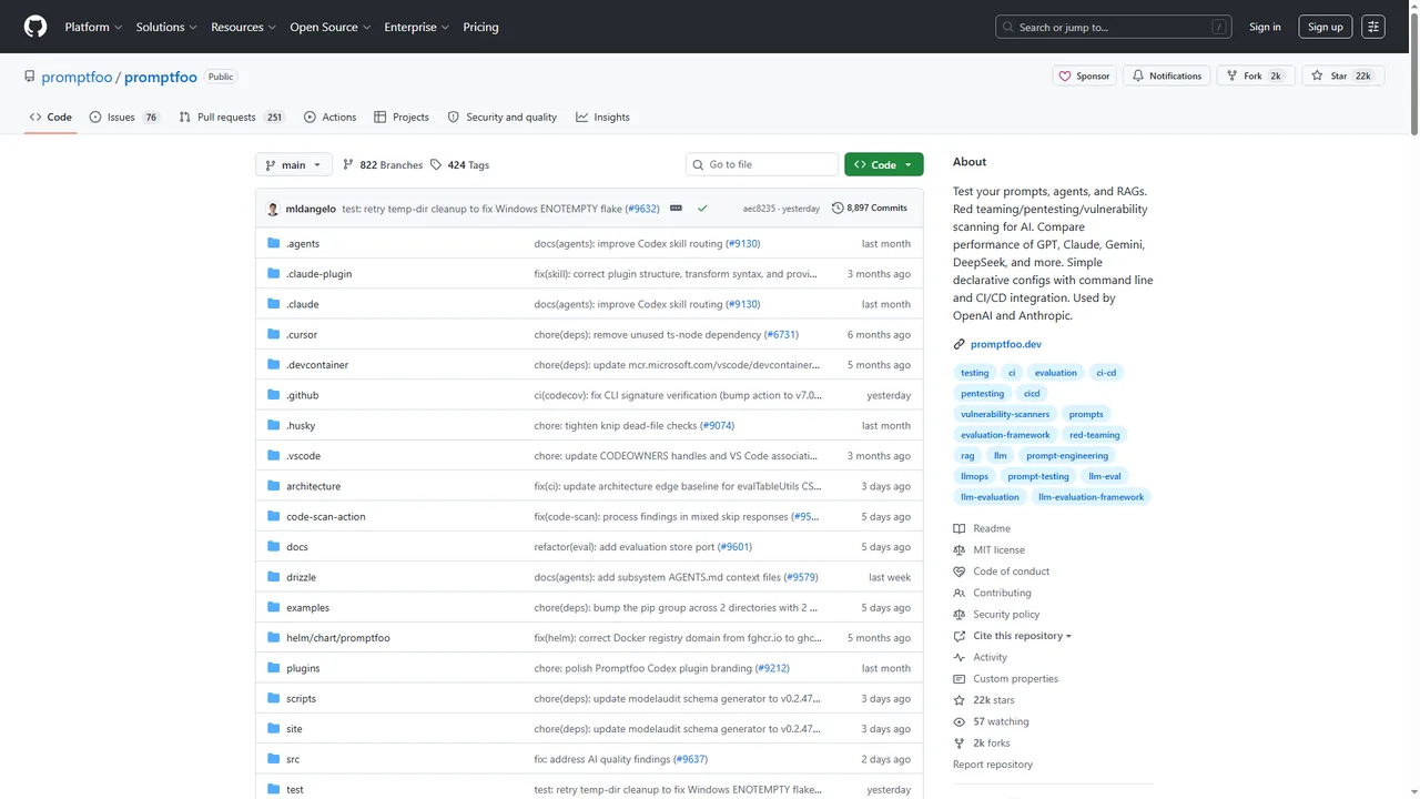 Promptfoo - open-source LLM evaluation and red-teaming for chatbots Promptfoo web interface showing security scanning and red-teaming results for AI agents