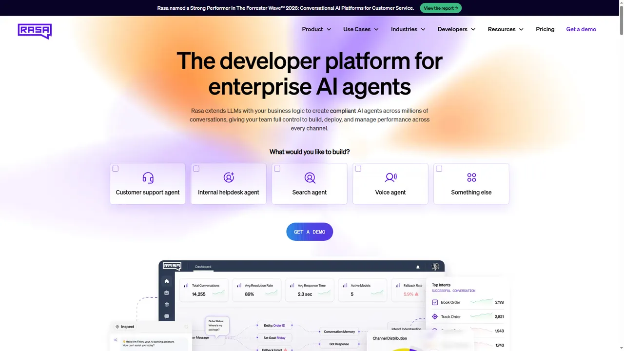 Rasa - conversational AI framework with built-in testing Rasa developer platform homepage for building enterprise AI agents