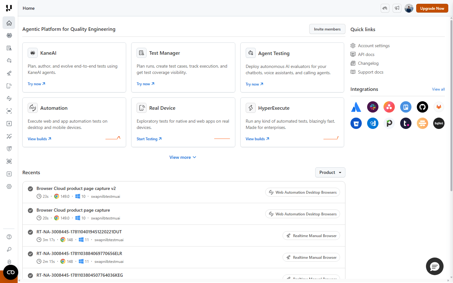 TestMu AI dashboard showing the Agent Testing, KaneAI, Test Manager, Automation, and Real Device modules used to run chatbot test cases