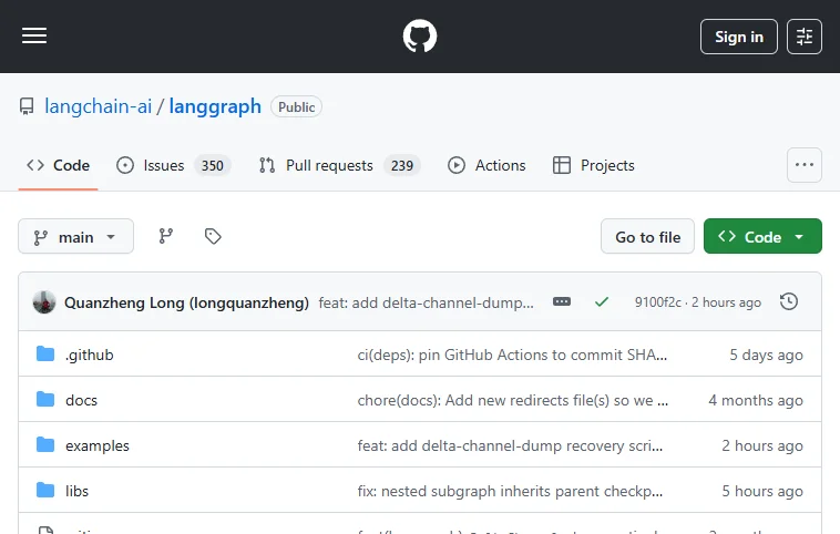 The LangGraph repository captured live via a TestMu AI Browser Cloud session LangGraph GitHub repository rendered live in a TestMu AI Browser Cloud session, showing recent commits, open issues, and pull requests