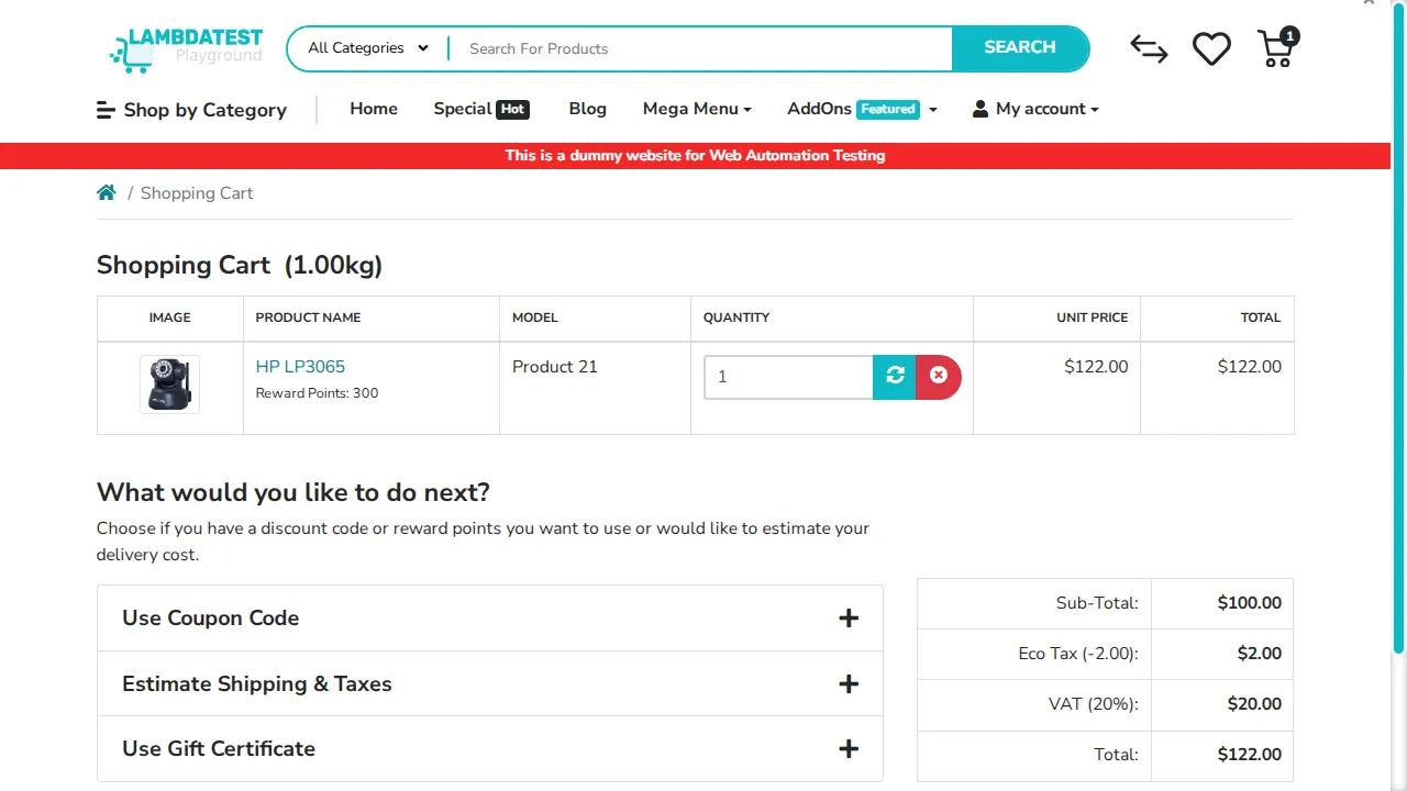 TestMu AI Browser Cloud shopping cart page listing HP LP3065 after an n8n agent added it to the cart, confirming the transaction