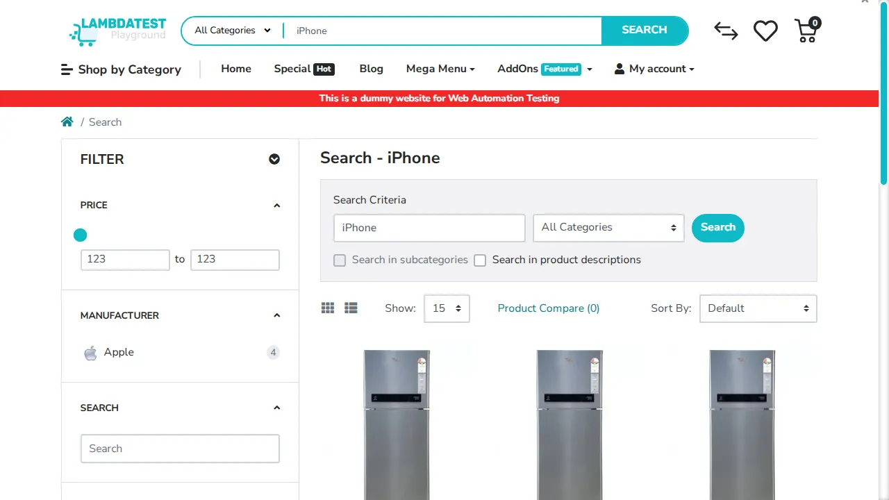 n8n AI agent search results rendered on a real cloud browser via TestMu AI Browser Cloud, showing 8 product matches and live filter facets