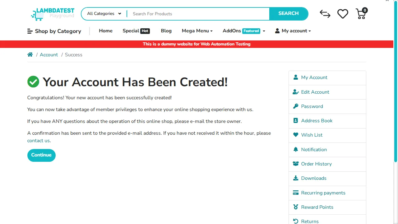 TestMu AI Browser Cloud confirmation page reading Your Account Has Been Created after an n8n agent filled and submitted a multi-step registration form