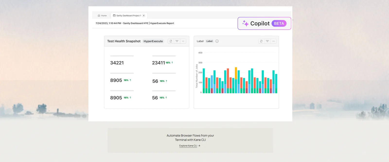TestMu AI test analytics dashboard showing a Test Health Snapshot with pass counts and trend percentages next to a stacked bar chart of total jobs over time
