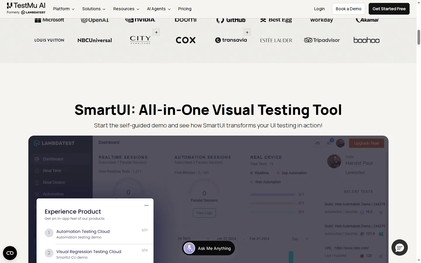 TestMu AI SmartUI visual testing dashboard showing the Visual Regression Testing Cloud demo and recent build runs