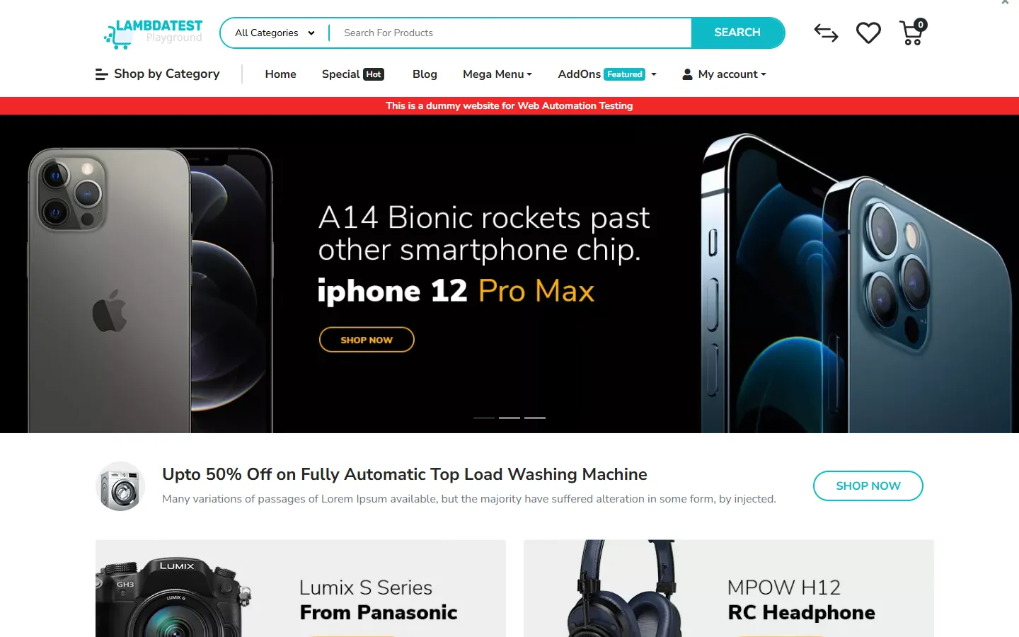 The public TestMu AI ecommerce Playground storefront, the demo site whose registration page was audited in the scan shown above