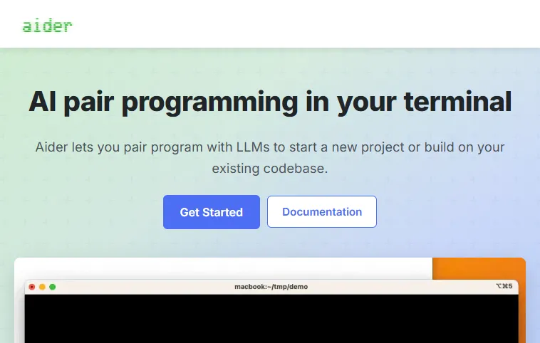 Aider - AI pair programming in your terminal Aider homepage describing AI pair programming in the terminal with automatic git commits