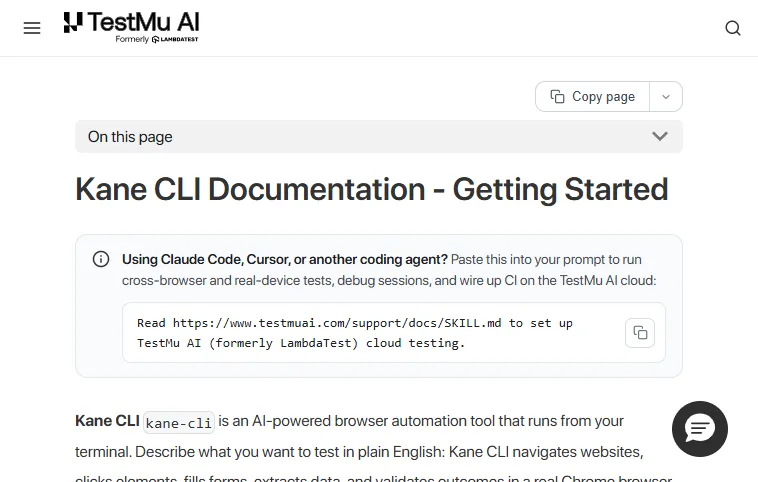 Kane CLI docs - Getting Started with a coding agent Kane CLI documentation showing how to wire the browser agent into Claude Code, Cursor, or another coding agent