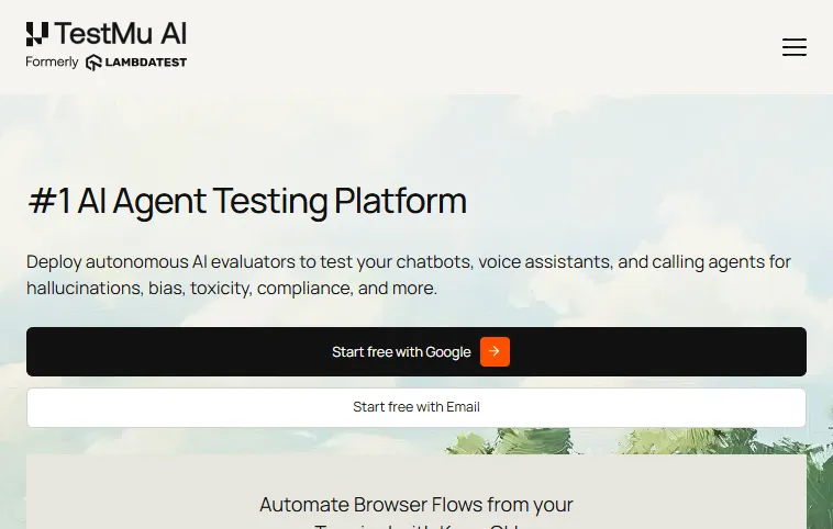 TestMu AI Agent Testing platform TestMu AI Agent Testing platform page describing autonomous evaluators for validating AI agents