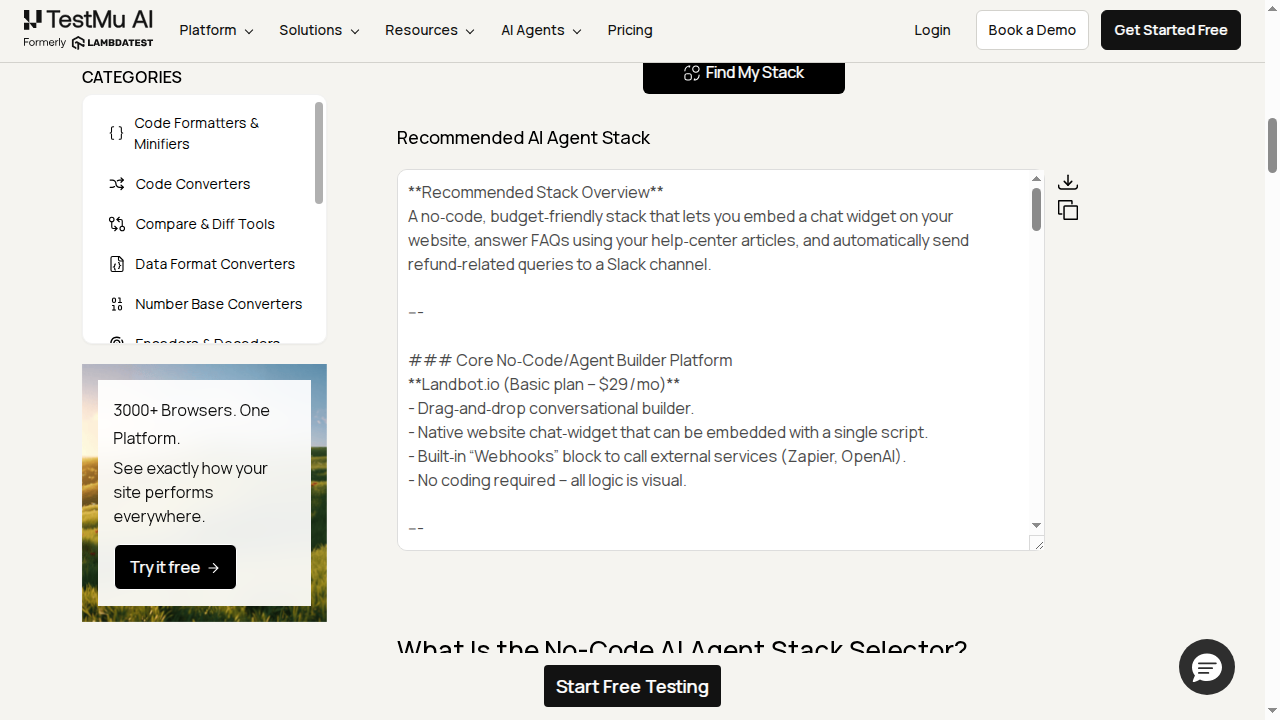 No-Code AI Agent Stack Selector recommending a no-code stack with a website chat widget and Slack escalation for a Shopify support agent