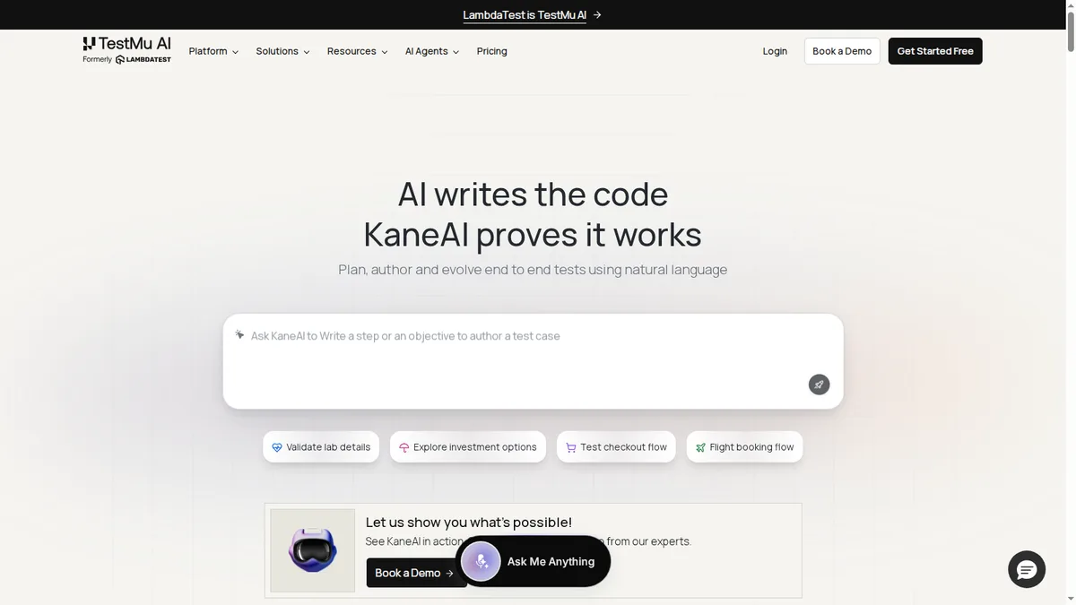 KaneAI by TestMu AI KaneAI by TestMu AI natural-language test automation agent