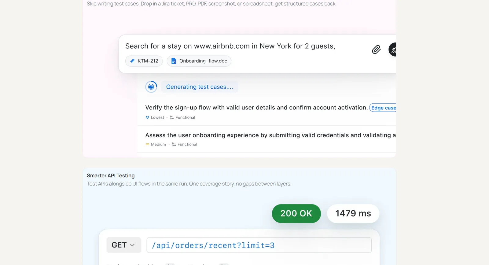 KaneAI generating structured test cases from a Jira ticket and an onboarding flow document, each case tagged with priority and test type