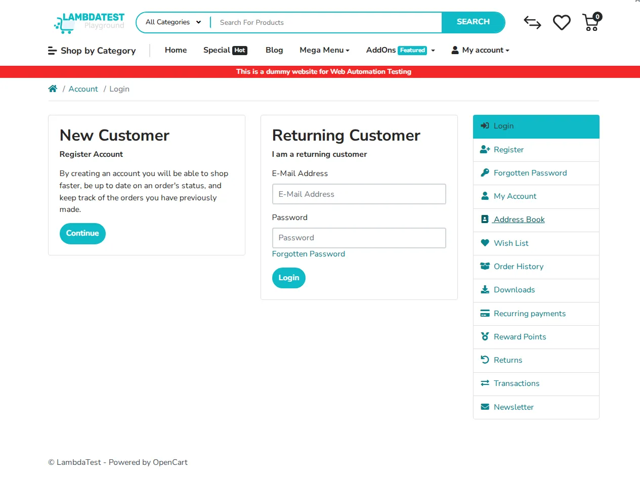 The ecommerce Playground login page scanned with axe-core, showing the E-Mail and Password sign-in form and an account navigation sidebar (My Account, Order History, Downloads) whose pages sit behind the login and are never scanned