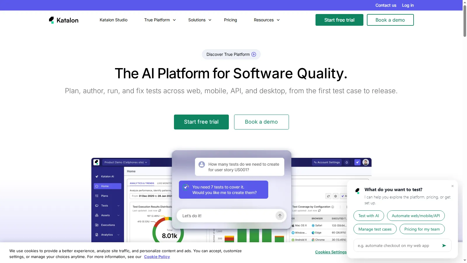 Katalon homepage describing the AI platform for software quality across web, mobile, API, and desktop