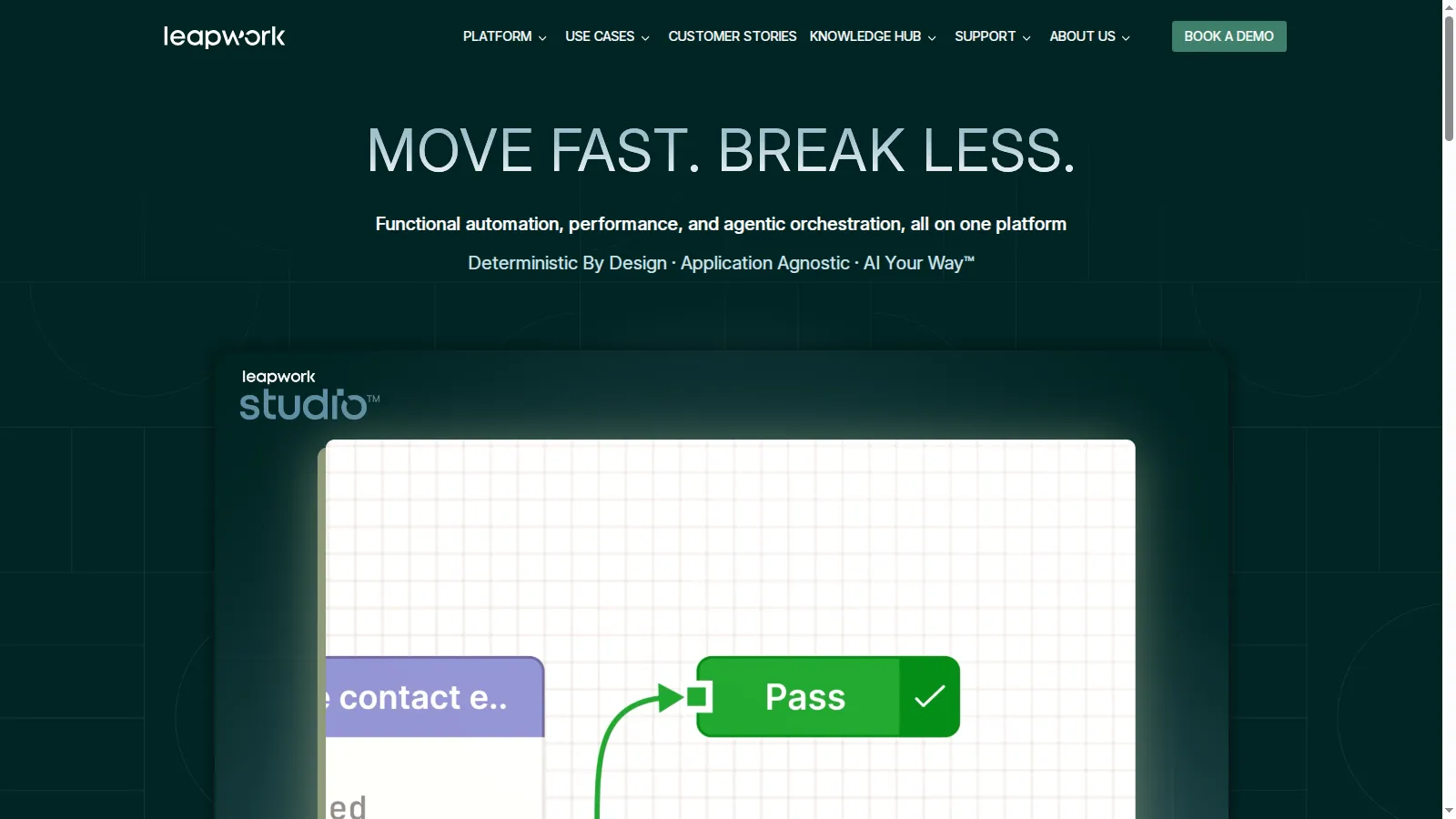 Leapwork no-code test automation Leapwork homepage describing AI-powered no-code test automation