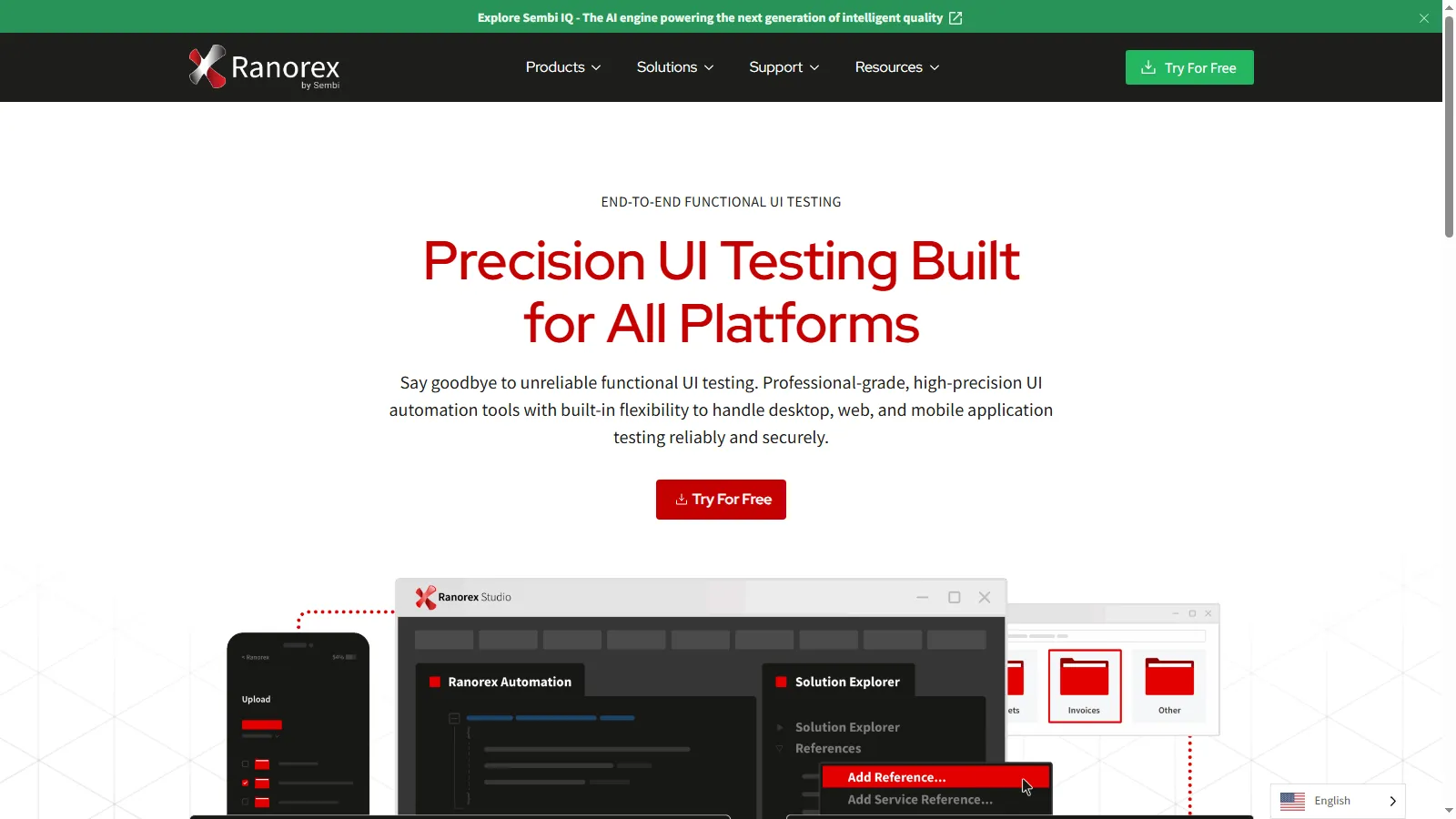 Ranorex homepage describing precision UI testing built for desktop, web, and mobile platforms