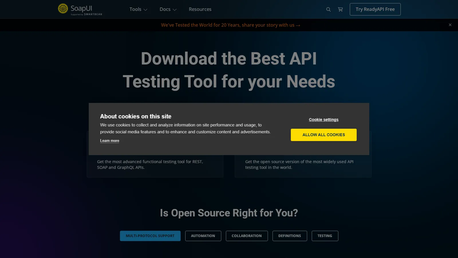 SoapUI API testing tool SoapUI website describing the open-source API testing tool for REST and SOAP