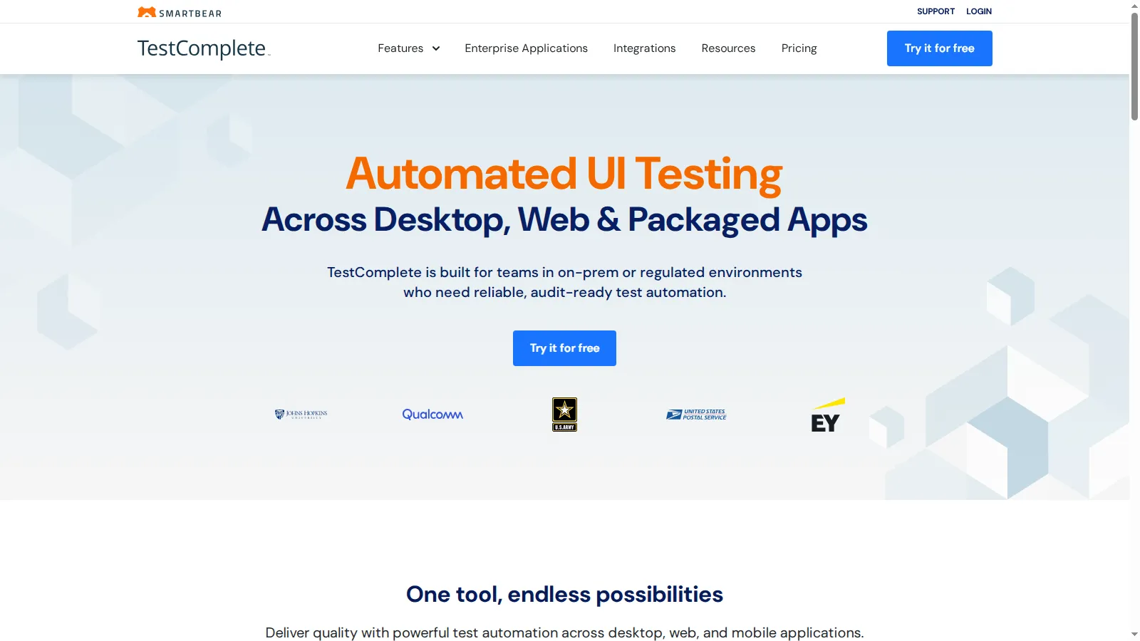 TestComplete product page describing automated UI testing across desktop, web, and packaged apps