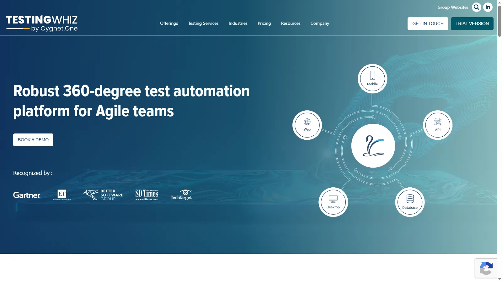 TestingWhiz test automation platform TestingWhiz homepage describing a 360-degree test automation platform for Agile teams