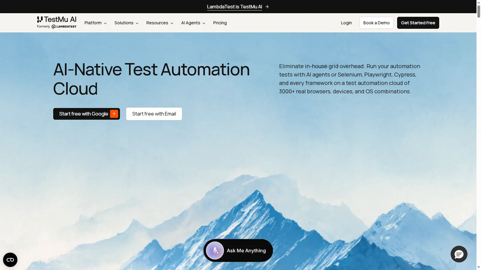 TestMu AI Automation Cloud TestMu AI Automation Cloud page showing AI-native test automation cloud with 3000+ real browsers, devices, and OS combinations