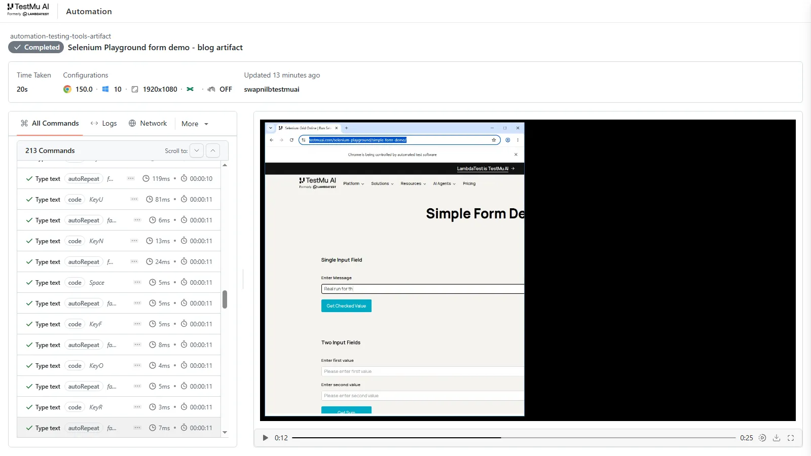 TestMu AI Automation dashboard test view showing a completed Selenium Playground run with the full command log and session video