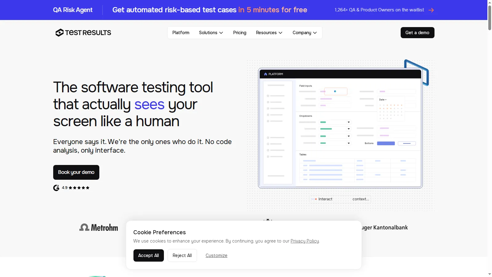 TestResults.io visual test automation TestResults.io homepage describing visual test automation that sees the screen like a human