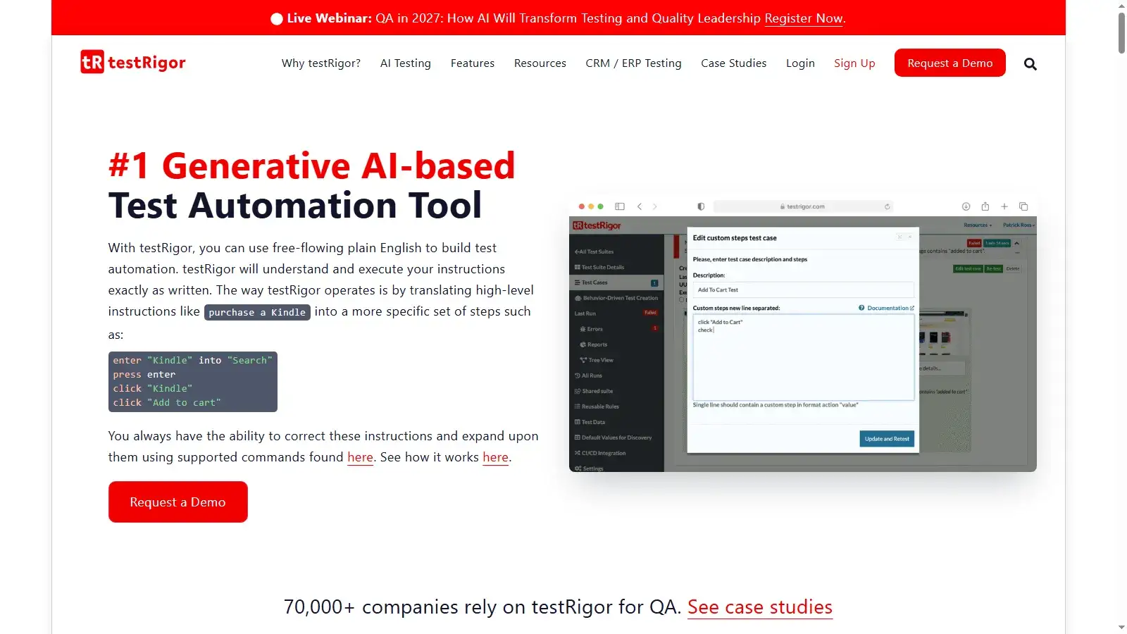 testRigor homepage describing the generative AI-based test automation tool with plain-English test steps