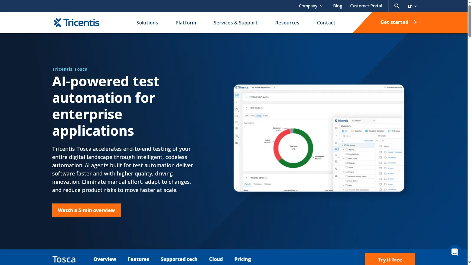 Tricentis Tosca product page describing AI-powered test automation for enterprise applications