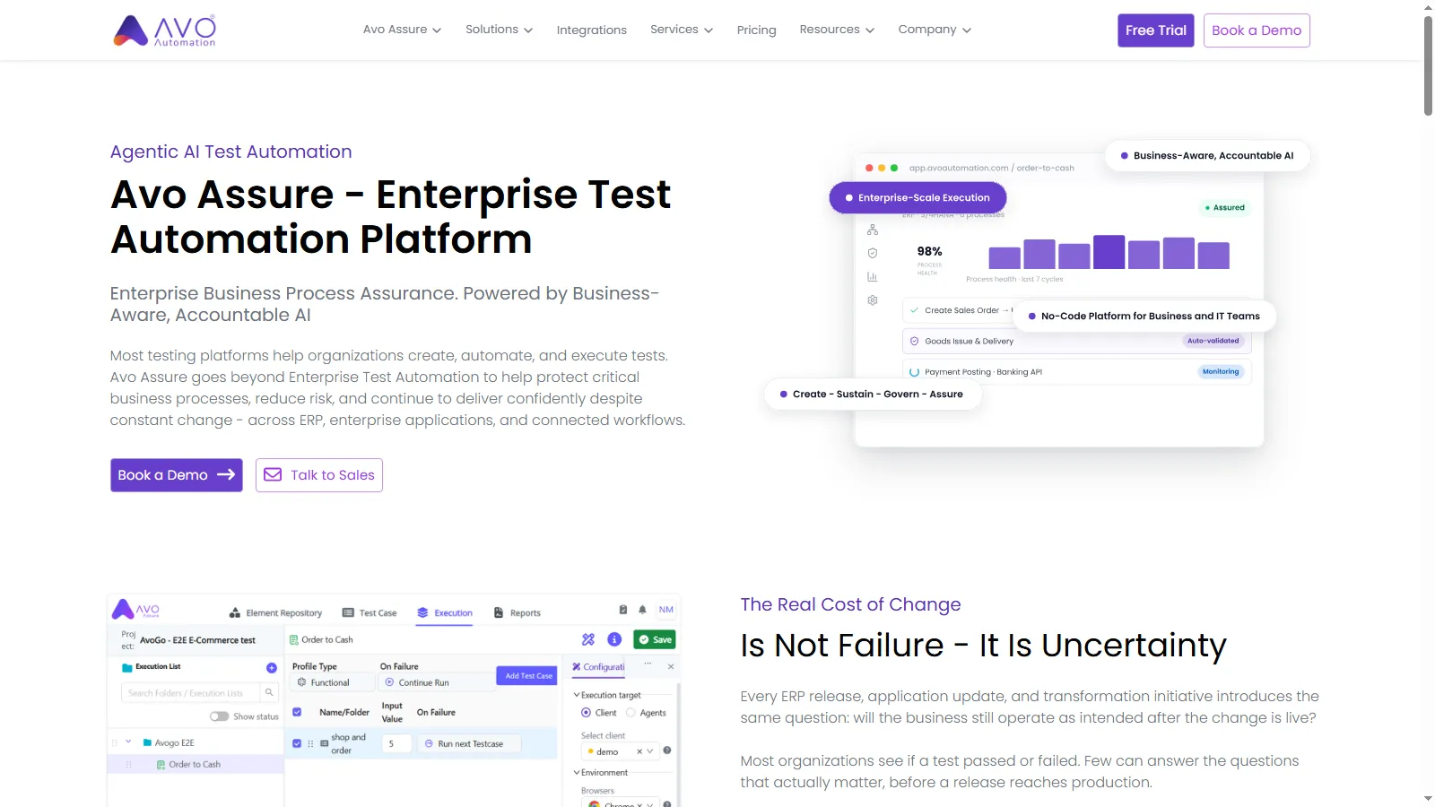 Avo Assure enterprise test automation Avo Assure page describing the enterprise test automation platform with agentic AI