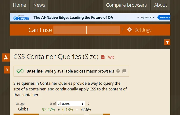 caniuse.com compatibility table showing CSS Container Queries at 92.6% global browser support