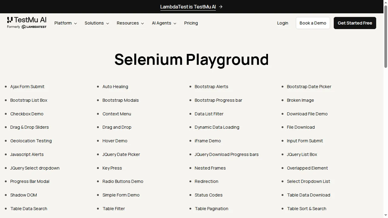 TestMu AI cloud browser session rendering the Selenium Playground Selenium Playground rendered in a Chrome session on TestMu AI cloud browsers during the three-engine check