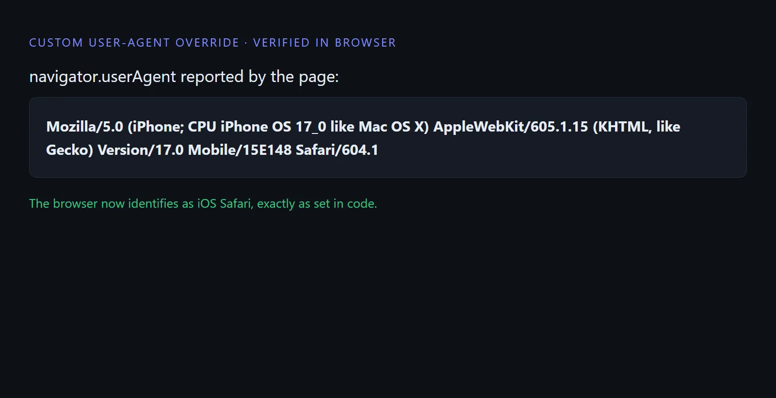 A browser reporting the custom iOS Safari user-agent string via navigator.userAgent after the Playwright userAgent override
