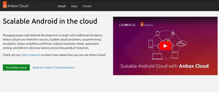 Anbox Cloud homepage describing scalable Android in the cloud on Ubuntu containers