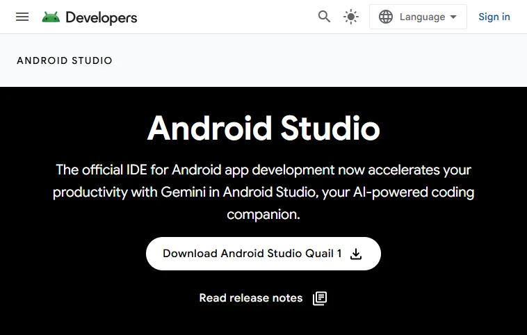 Android Studio homepage showing the official Android IDE and emulator download