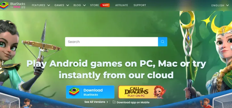 BlueStacks homepage for running Android games and apps on PC, Mac, or from the cloud