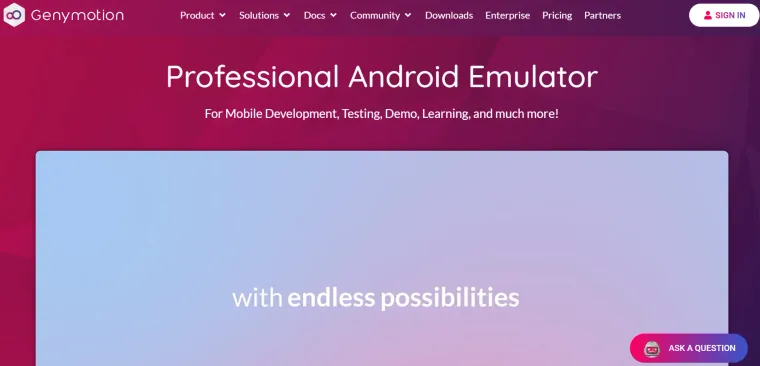 Genymotion homepage describing its professional Android emulator for development and testing