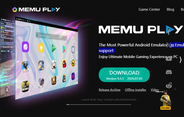 MEmu Play homepage showing the Android emulator for running apps and games on PC