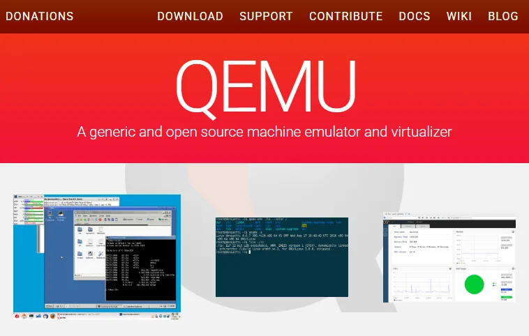 QEMU homepage describing the open-source machine emulator and virtualizer