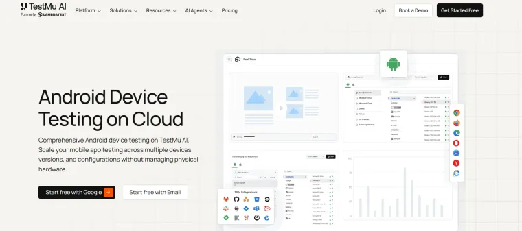 TestMu AI Android device testing on cloud dashboard with real device grid and browsers