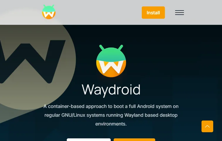 Waydroid homepage describing the container-based Android system for Linux desktops