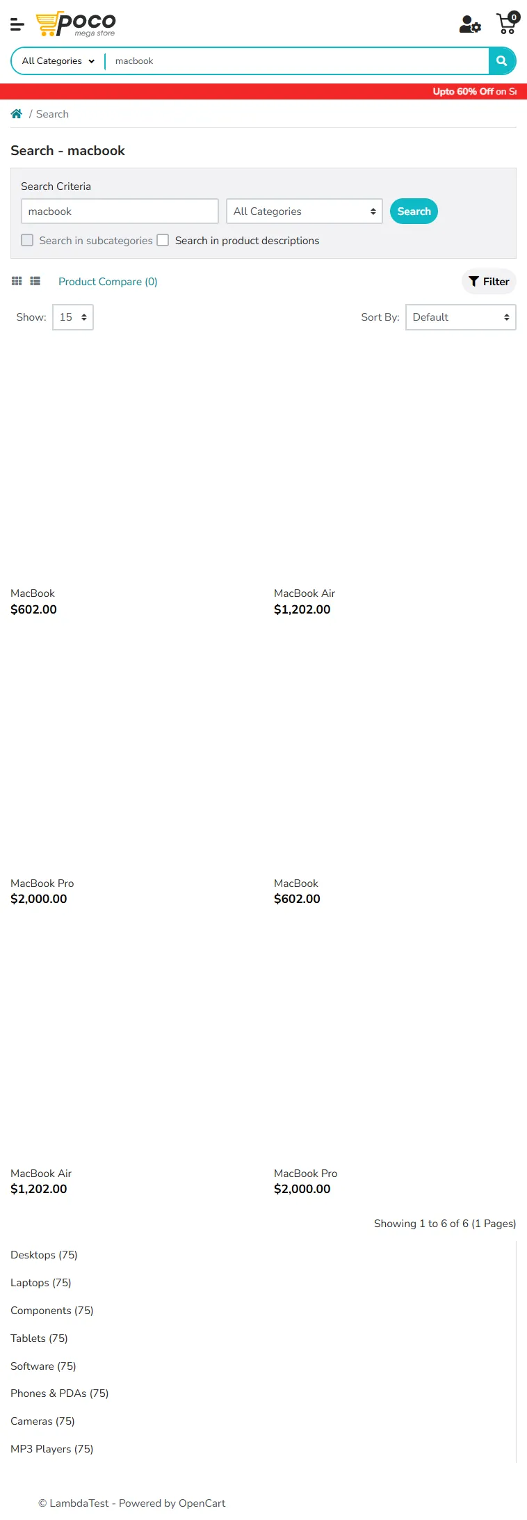 A real search test on a business web app, rendered on TestMu AI cloud Chrome A business web app search results page with MacBook listings and prices, rendered on TestMu AI cloud Chrome during a test run