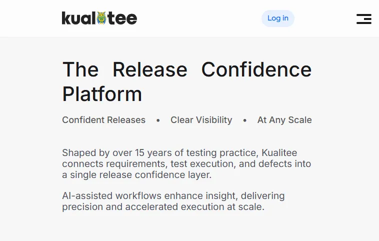 Kualitee - cloud test management and defect tracking Kualitee homepage describing its release confidence platform connecting requirements, test execution, and defects