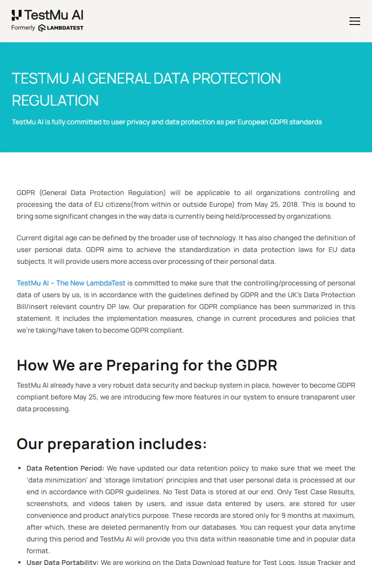 TestMu AI GDPR readiness statement listing data retention, user data deletion, portability, and audit controls