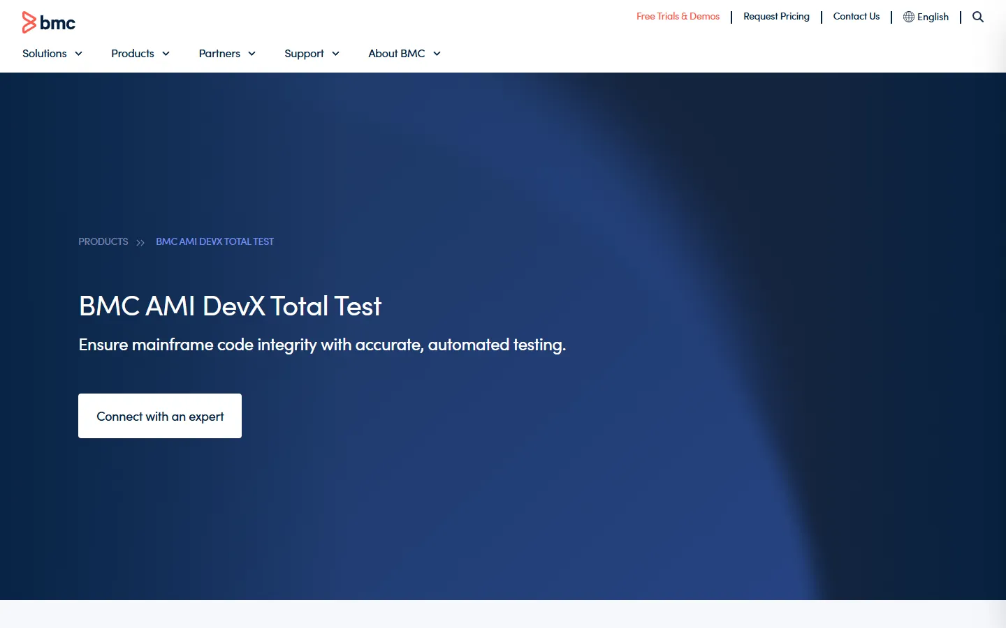 BMC AMI DevX Total Test product page BMC AMI DevX Total Test product page describing accurate, automated mainframe testing for COBOL, PL/I, and Assembler on z/OS