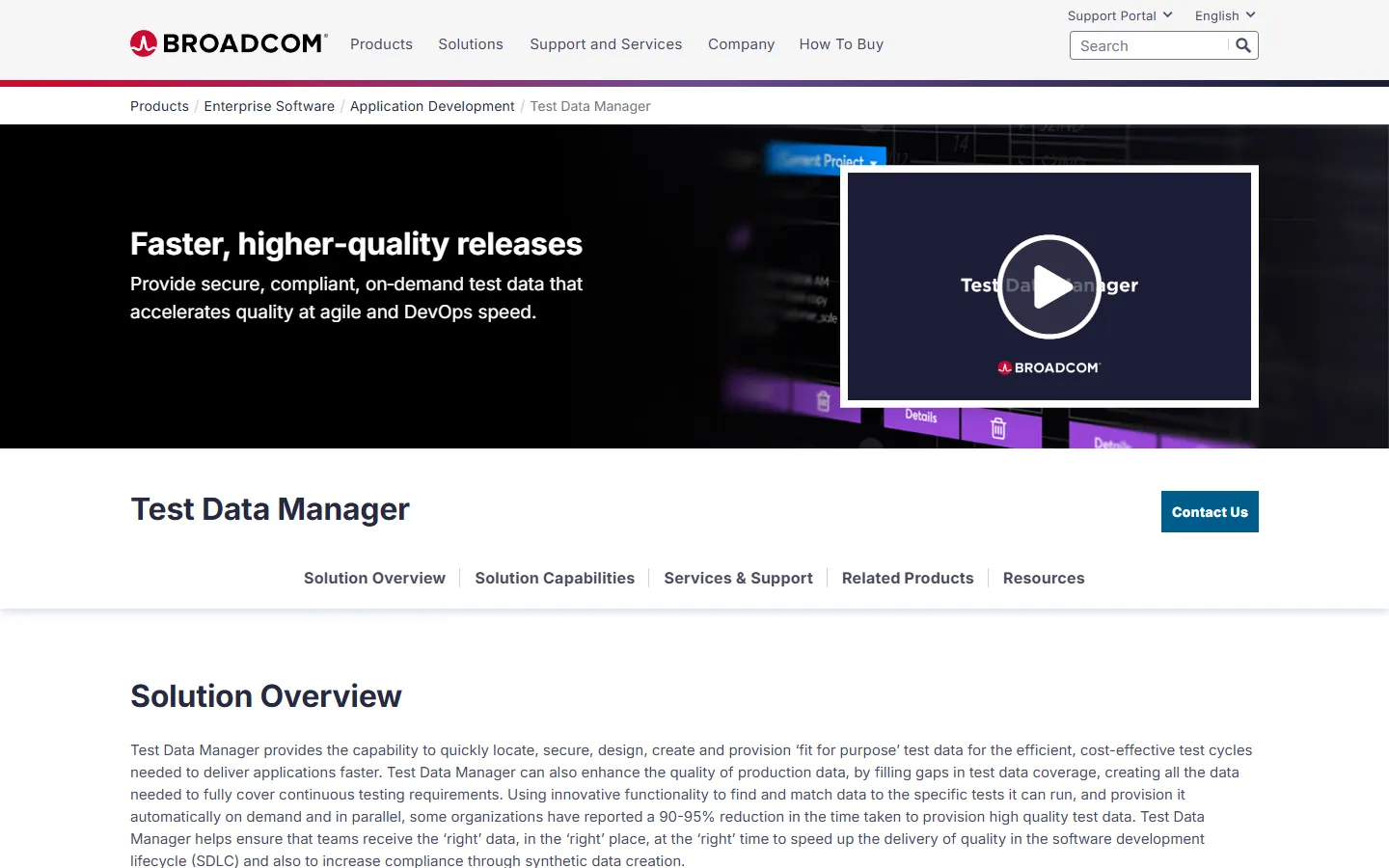 Broadcom Test Data Manager product page Broadcom Test Data Manager product page describing on-demand test data provisioning, subsetting, and masking