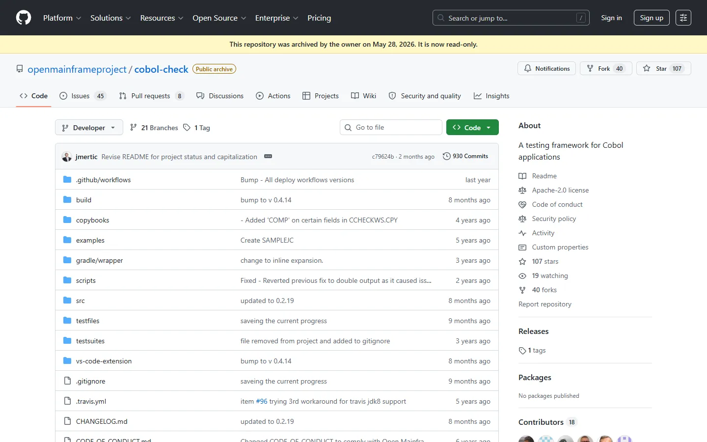 COBOL Check open-source unit testing framework GitHub repository COBOL Check GitHub repository under the Open Mainframe Project, an open-source unit testing framework for COBOL applications