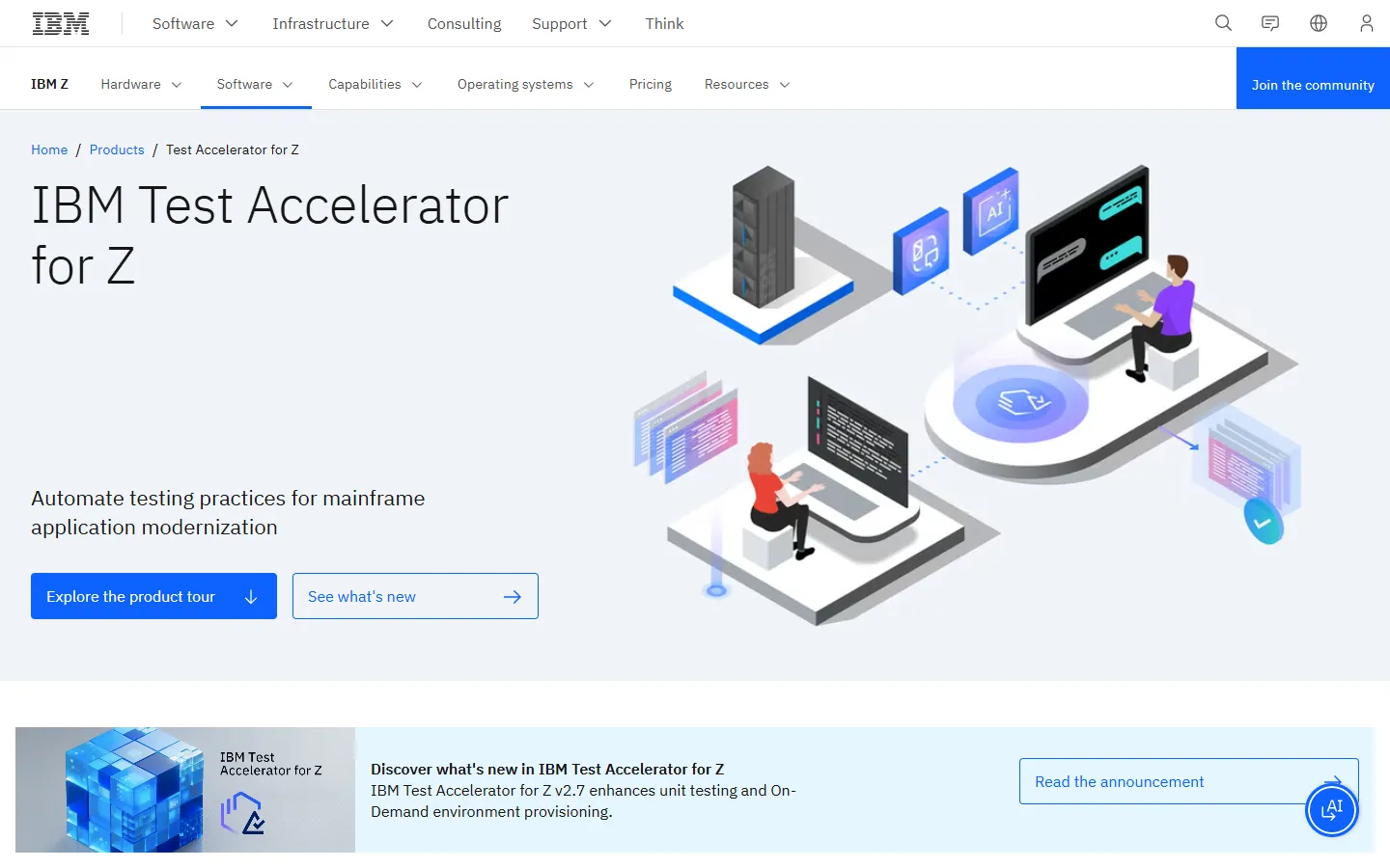 IBM Test Accelerator for Z, formerly the IBM Z Virtual Test Platform IBM Test Accelerator for Z product page showing automated testing for mainframe application modernization