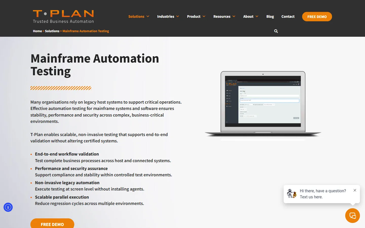T-Plan Robotic Automation mainframe automation testing solution page T-Plan Mainframe Automation Testing solution page describing non-invasive, screen-level automation that runs without installing agents